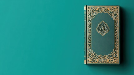 A minimalist image of a Hadith book isolated against a solid green background. The intricate cover and script create a stark contrast, emphasizing simplicity and Islamic tradition