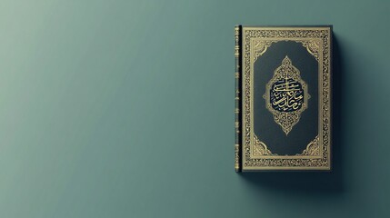 A minimalist image of a Hadith book isolated against a solid green background. The intricate cover and script create a stark contrast, emphasizing simplicity and Islamic tradition
