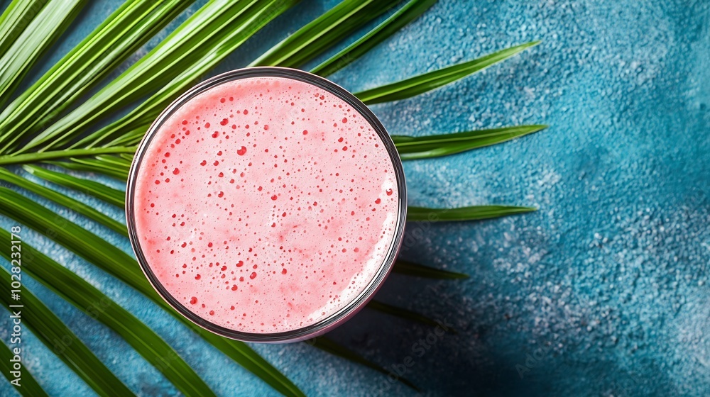 Aufkleber fresh watermelon juice smoothie on blue background with palm leaf top view : generative ai