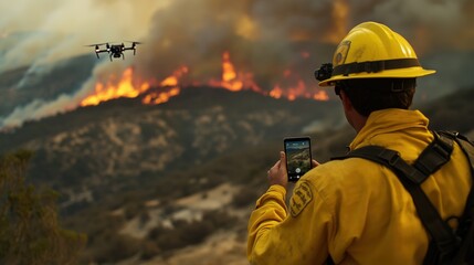 Naklejka premium Firefighter utilizes a drone to monitor a wildfire, showcasing emergency response technology in action. The scene highlights the urgency of firefighting efforts amid environmental danger.