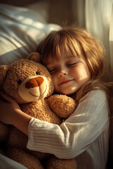 Peaceful sleep of a child embracing a teddy bear in warm sunlight © Dzenka