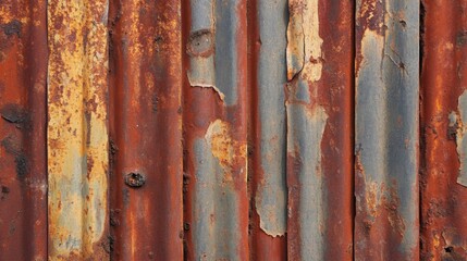 Closeup of a Rusty Corrugated Metal Sheet with Flaking Paint