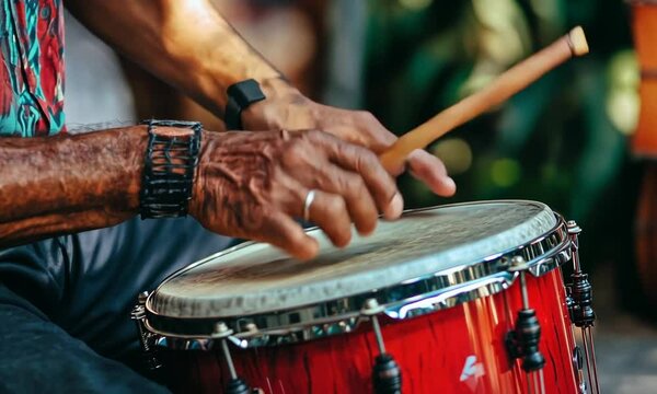 A close-up of a hand playing a red drum, highlighting rhythm and musical expression.
