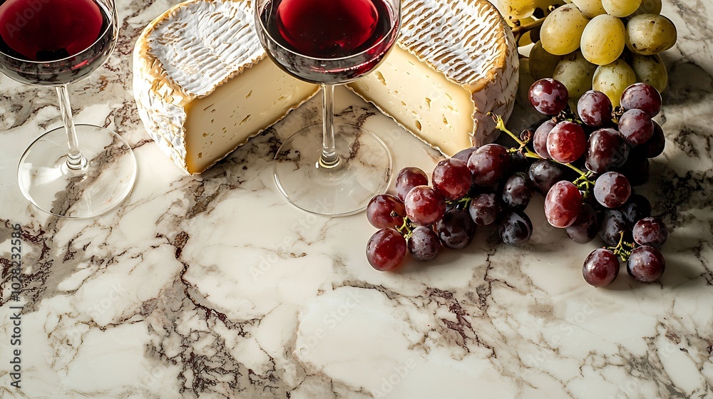 Poster assortment of cheese grapes with red and white wine in glasses marble background top view copy space