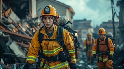 Emergency Medical Response Team in Action. Emergency medical response team navigates through a disaster site, showcasing their commitment to safety and rescue efforts in challenging conditions.