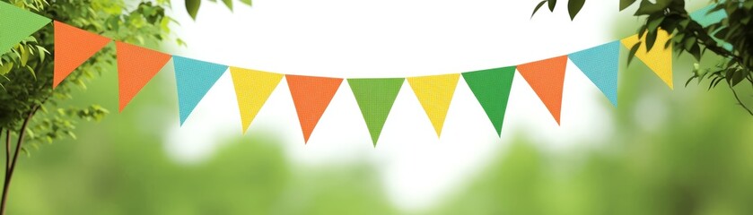 Colorful bunting banner adds festive cheer to outdoor celebration with lush tree backdrop