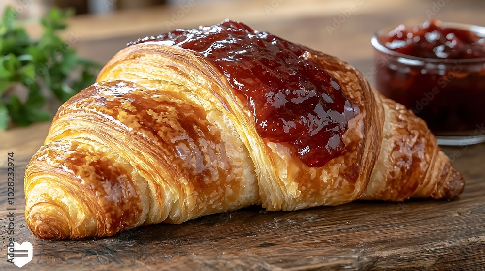 Poster croissant with coffee jam and butter continental breakfast concept top view : generative ai