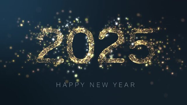 Dust particles form 2025 Happy New Year, Gold  particles on dark blue background.