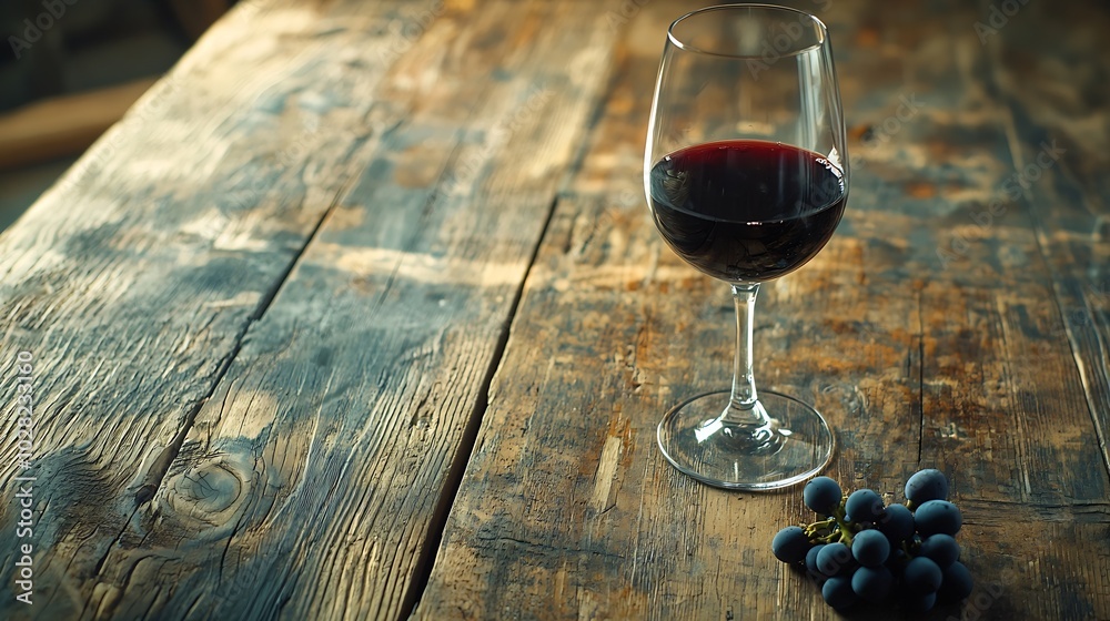Aufkleber glass of red wine and grape wooden table background close up copy space : generative ai