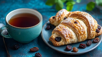 Fresh danish pastry with raisins and a cup of tea on blue table background : Generative AI