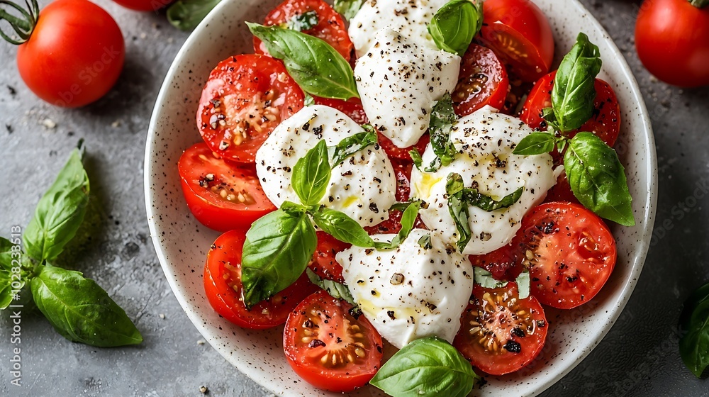 Poster caprese salad with tomatoes mozzarella burrata cheese and basil grey background close up top view : 