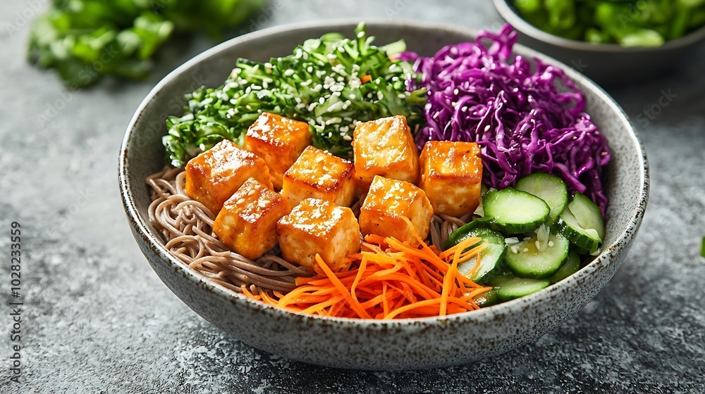 Aufkleber Soba noodles with vegetables and fried tofu in a bowl Top view Grey background Close up : Generative AI