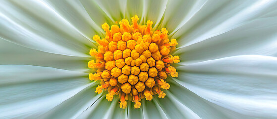 Close-up of a white daisy's yellow center.
