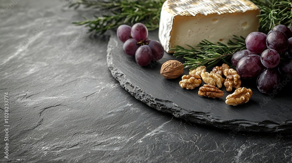 Aufkleber Assortment of cheese with honey nuts and grape on a modern cutting board slate background : Generative AI