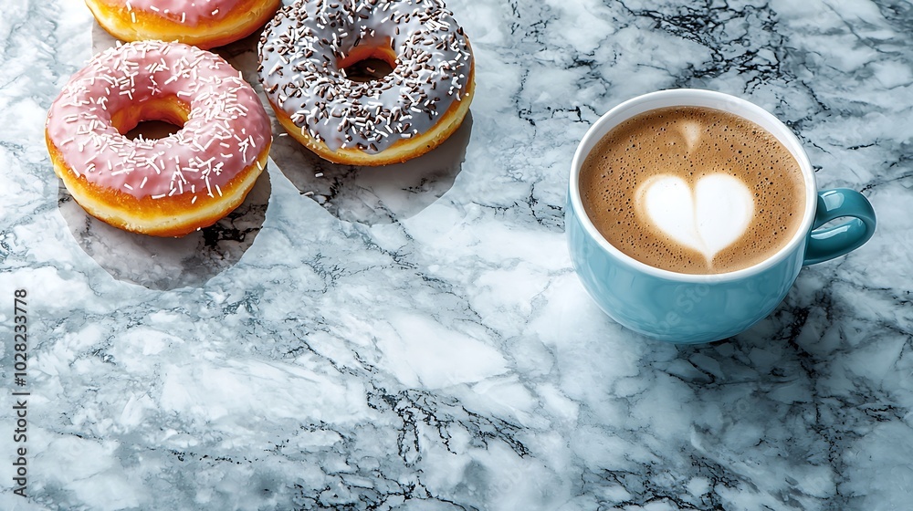 Poster Coffee with donuts on marble table background Copy space Top view : Generative AI