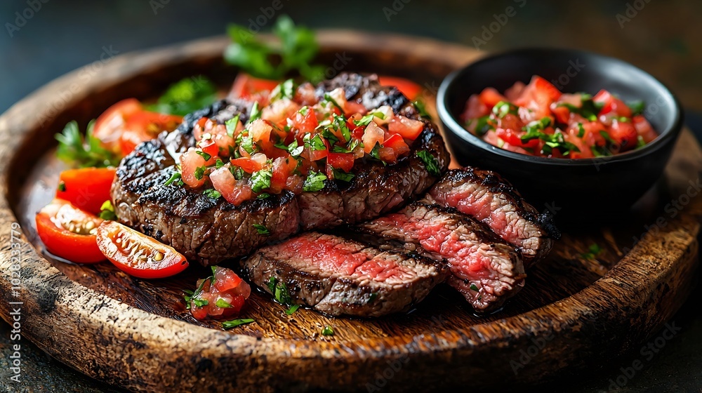 Poster Beef steak well done with tomato and pepper salsa on a wooden background : Generative AI