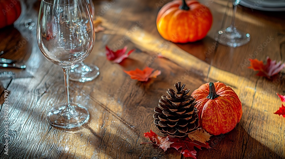 Poster autumn table place setting with cone thanksgiving halloween decoration top view copy space : generat