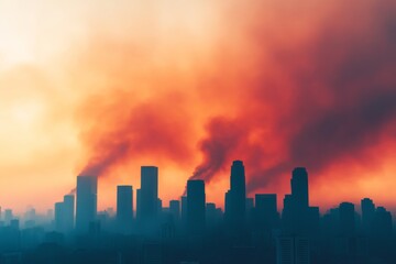 Fototapeta premium City skyline with smoke and vibrant sunset, dramatic atmospheric scene