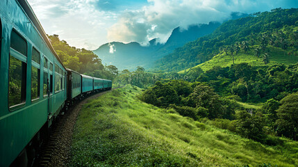 A scenic train ride through a lush green countryside.