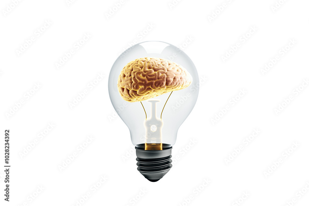 Poster brain inside a lightbulb isolated on white background, concept of ideas. 3d rendering.