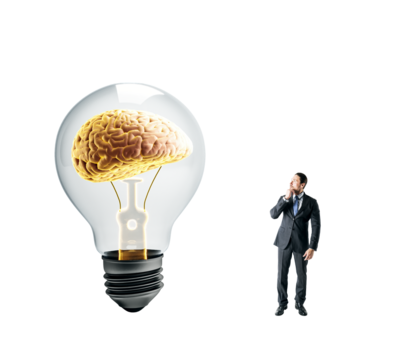 Businessman thinking near large lightbulb with brain inside