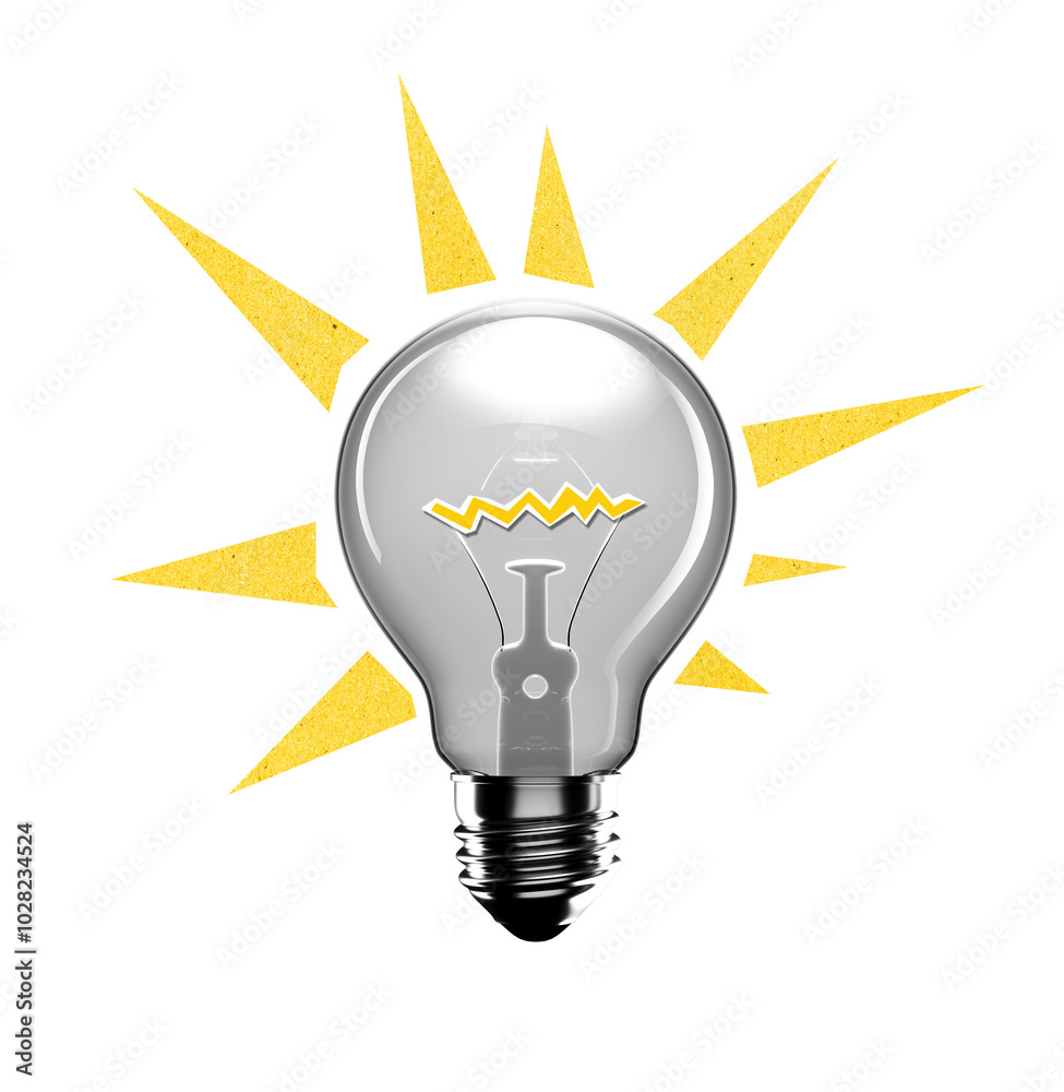 Poster Lightbulb with yellow rays, isolated on white background, concept of idea. 3D Rendering