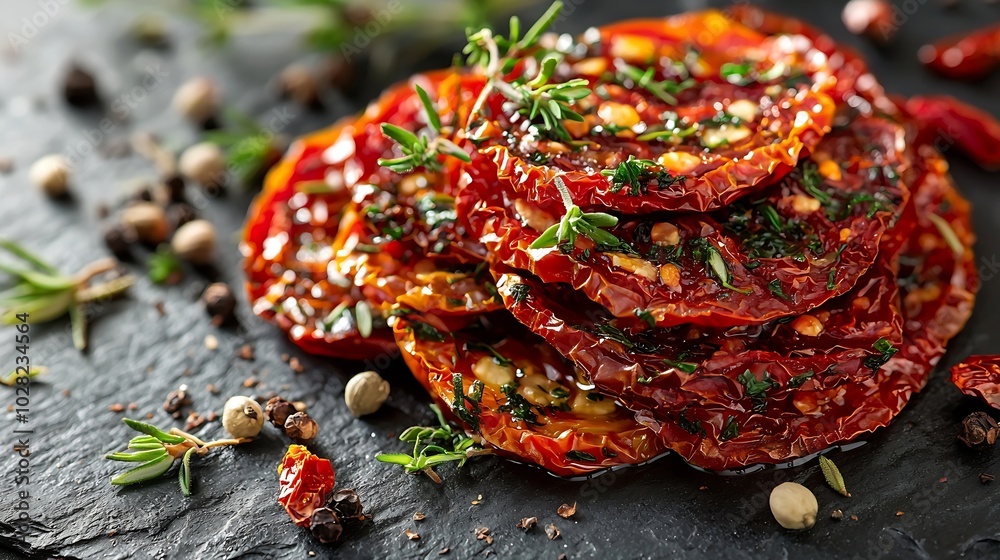 Poster sun dried tomatoes with fresh herbs and spices slate background close up : generative ai