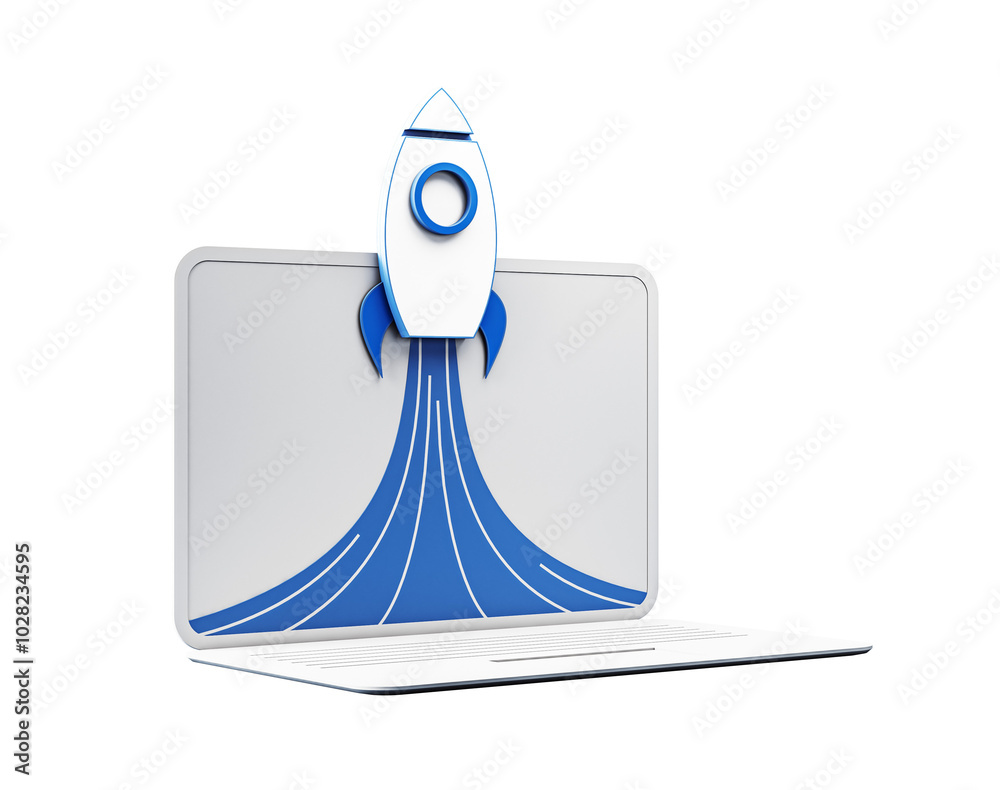 Poster rocket icon launching from a laptop on a white background. 3d rendering