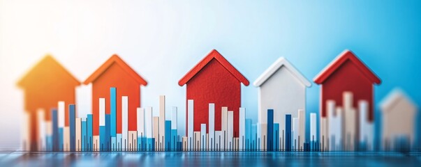 Colorful house models on a financial graph background, concept of real estate market.