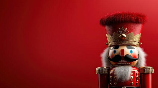 Colorful nutcracker soldier against a bold red background, perfect for festive themes.