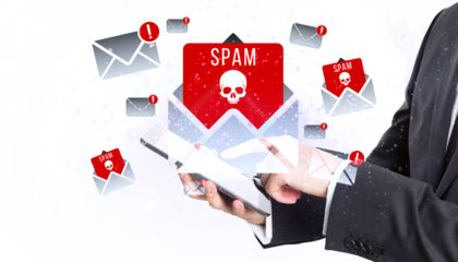 Businessman receiving spam emails on tablet, white background