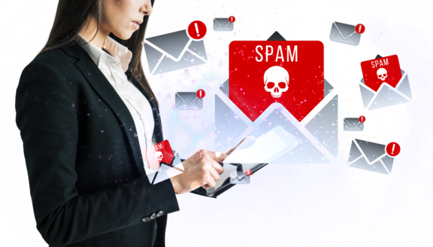 Businesswoman using a tablet with spam email icons on white