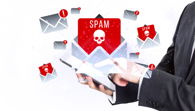 Businessman receiving spam emails on tablet, white background