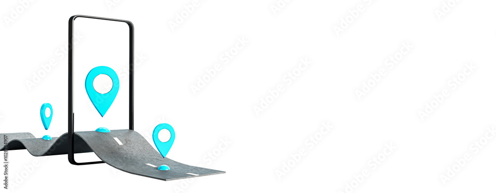 Poster Smartphone with road and geolocation pins on white background, concept of navigation. 3D Rendering.