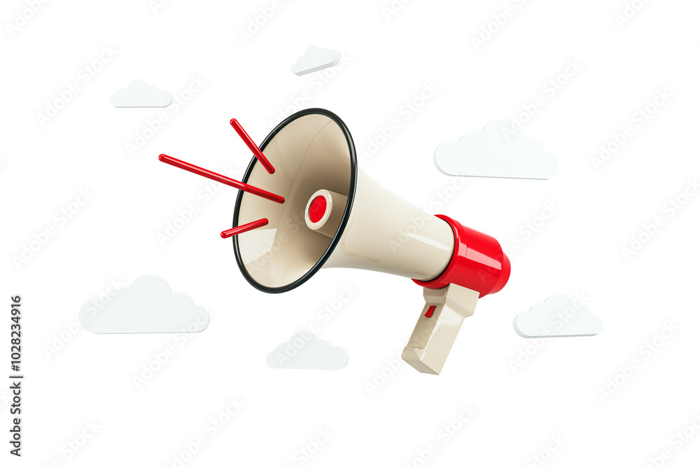 Poster Megaphone with clouds around it on white background. 3D Rendering