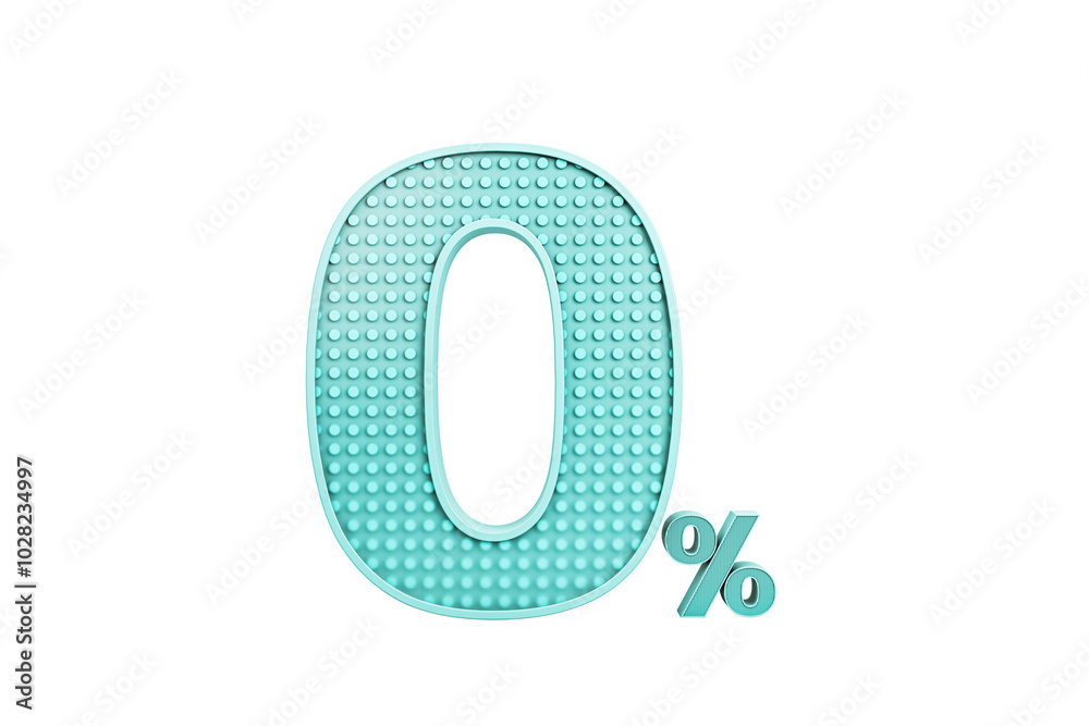 Poster 0% symbol with dotted texture in teal on white background. 3D Rendering