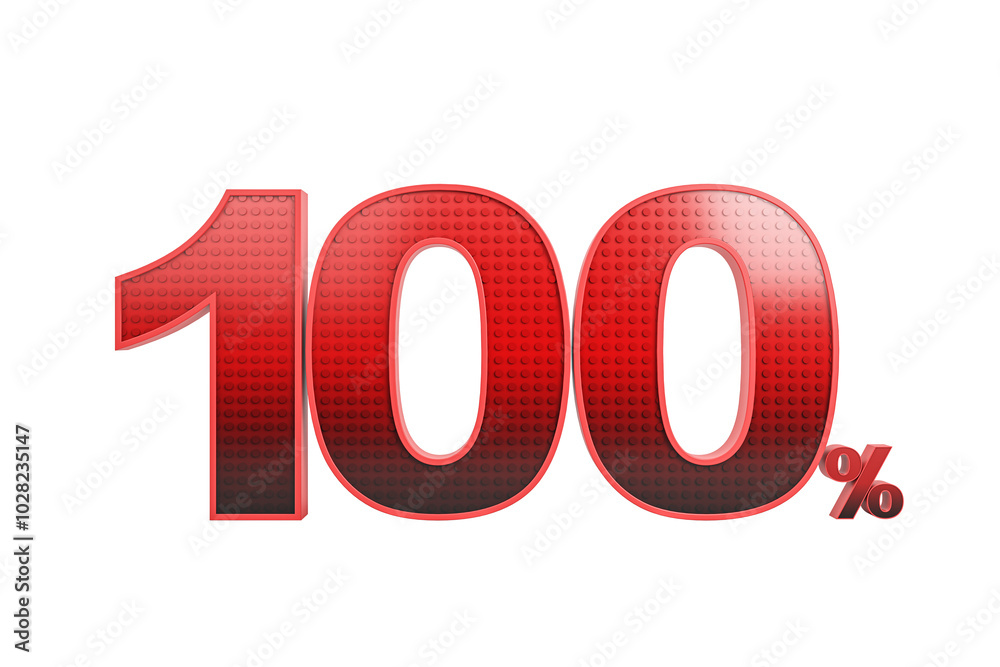 Poster red textured 100% text, isolated on white background, sign concept. 3d rendering
