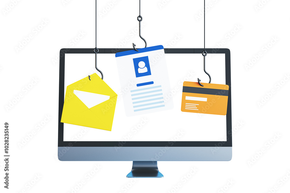 Poster Phishing elements hang on hooks over a computer monitor, white background. 3D Rendering