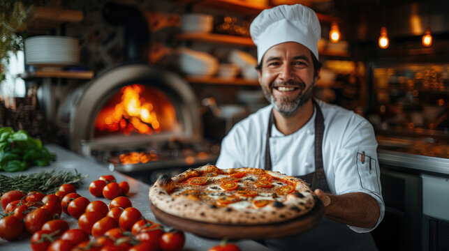 italian chef smiling and holding pizza with blurred oven with wood burning fire on background .