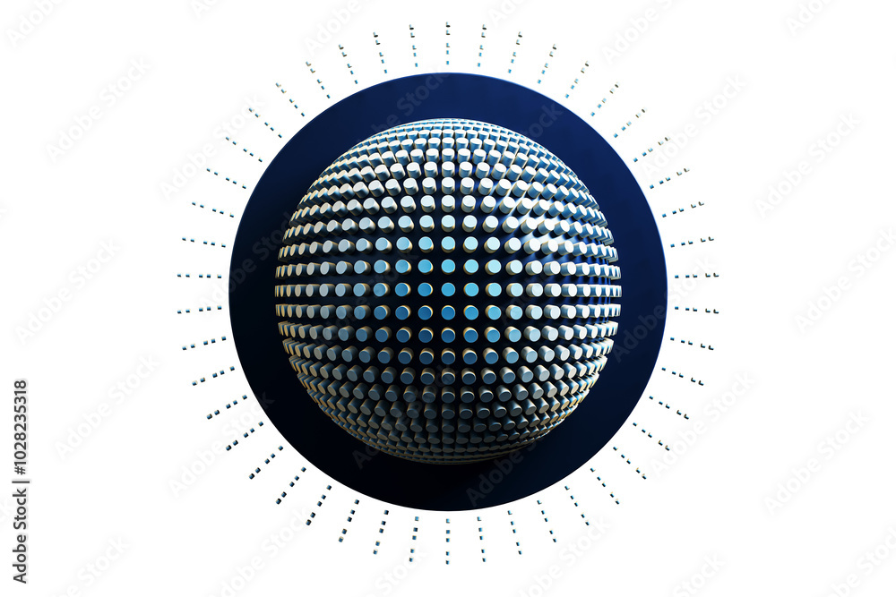 Poster 3D geometric sphere with dots and radial pattern on white background. 3D Rendering.