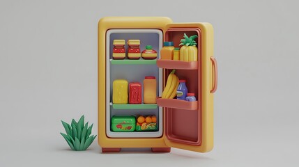 Colorful 3D Render of Open Refrigerator with Food and Drinks