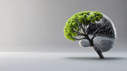 metallic brain with tree branch design symbolizes fusion of nature and technology, showcasing innovation and creativity. This unique artwork evokes sense of harmony and growth