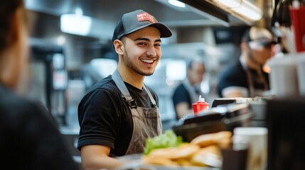 A fast food cashier serving customers at the counter, taking orders and processing payments with a smile, ensuring fast and friendly service