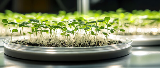 A close-up shot of small green sprouts growing in a tray with roots visible, illuminated by a bright light source.
