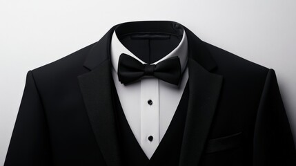 Elegant tuxedo with bow tie, perfect for formal events, on a white isolated background.