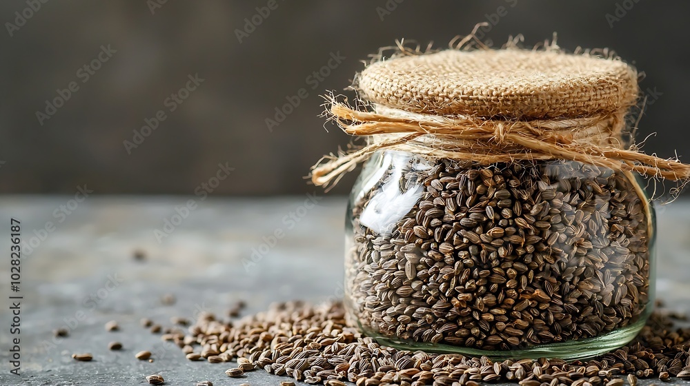 Poster Cumin seeds in a jar on grey stone background Copy space : Generative AI