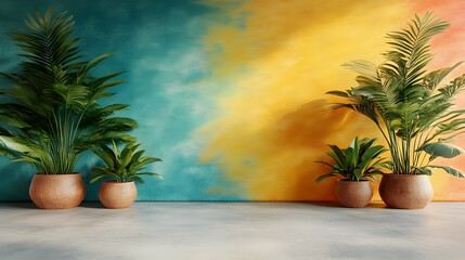 Tropical Plants Against a Blue and Yellow Wall.