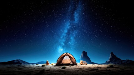 Night Camping Under Milky Way Galaxy  Desert Landscape  Starry Sky  Tent  Mountain Range