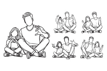 Black and white illustration of a joyful father and son together