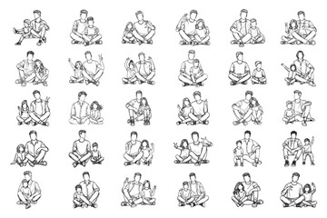 Bundle Line Art Cheerful Father With Son Sitting Posecelebrating the happiness Illustration Hand Drawn Clipart